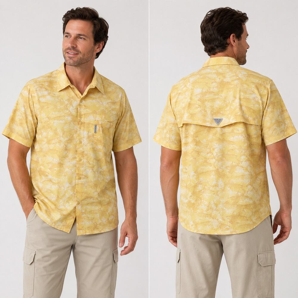Columbia PFG Fish Print Yellow Fishing Shirt Men’s Large Short Sleeve